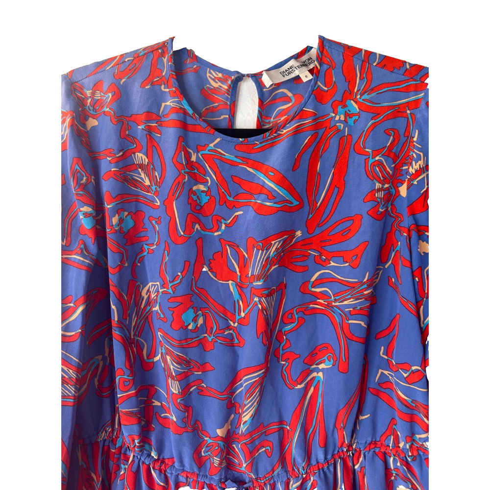 DVF Diane von Furstenberg Elsden Silk Mini Dress Size 8 Abstract Blue Red Floral - Picture 2 of 12
